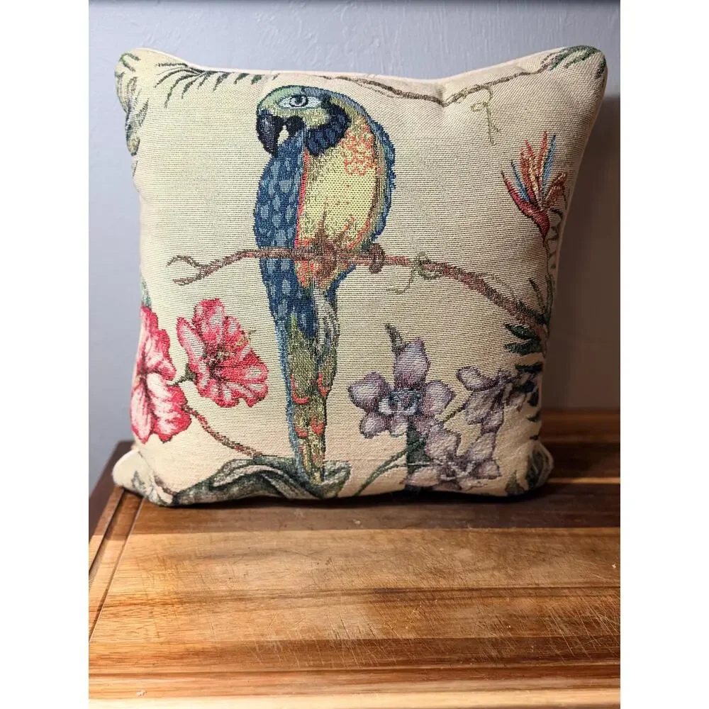 Vintage Tropical Parrot Tapestry Pillow | Blue Macaw Floral Botanical Accent